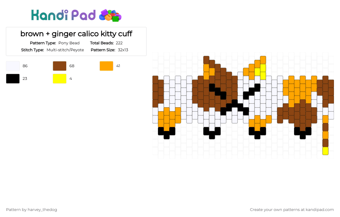 brown + ginger calico kitty cuff - Pony Bead Pattern by harvey_thedog on Kandi Pad - red,orange,cat,kitty,kitten,calico,brown,white,furry