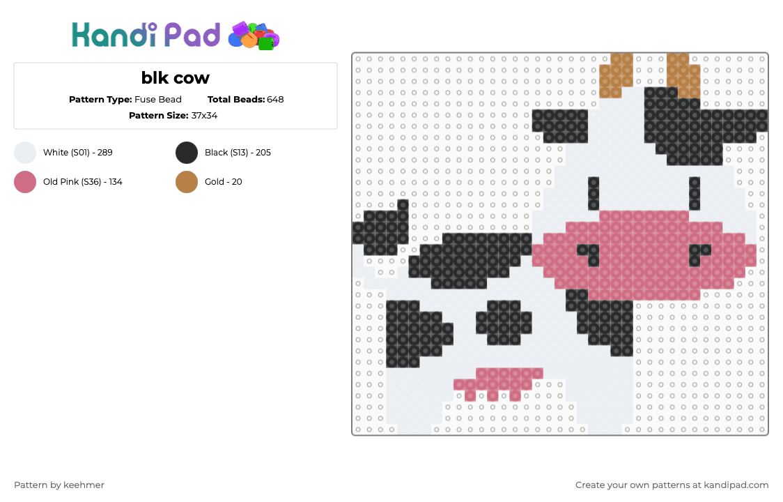blk cow - Fuse Bead Pattern by keehmer on Kandi Pad - white,pink