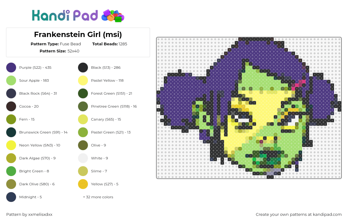 Frankenstein Girl (msi) - Fuse Bead Pattern by xxmelisxdxx on Kandi Pad - frankenstein girls will seem strangely sexy,mindless self indulgence,album,music,band,female,green,purple