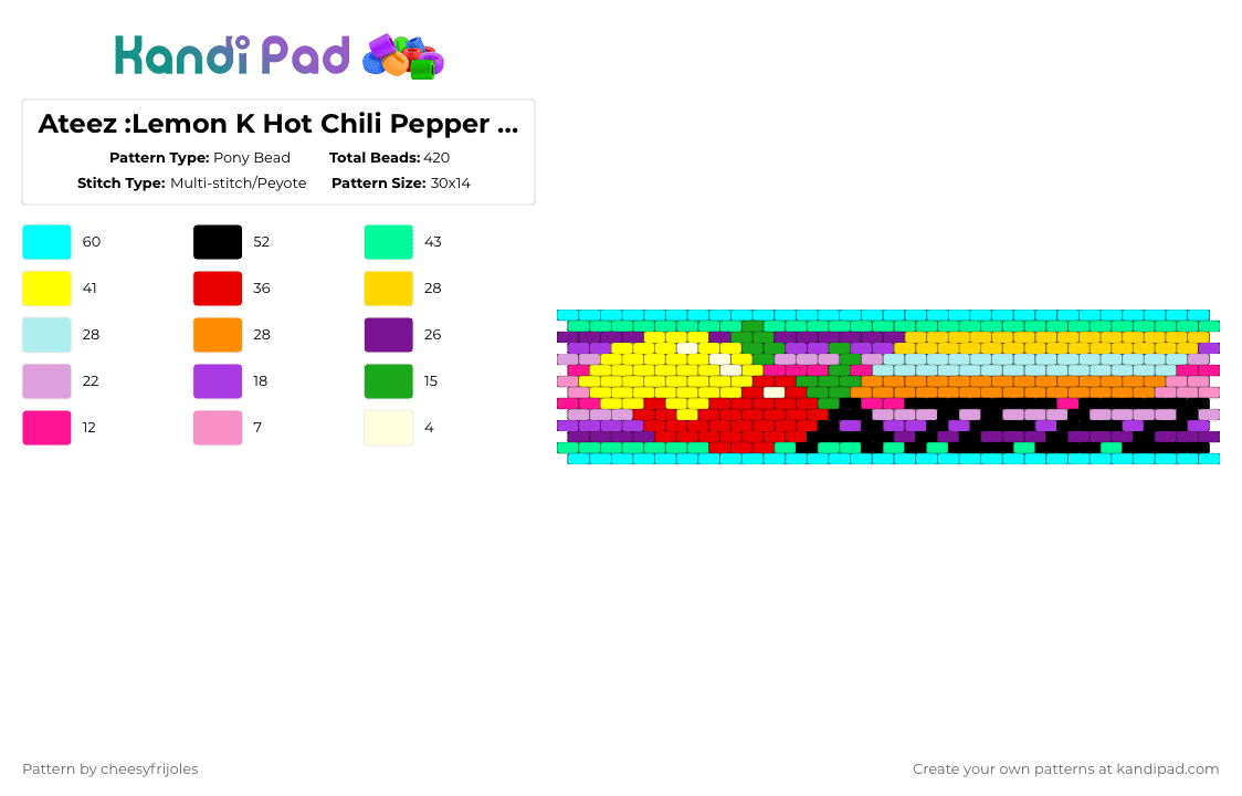Ateez :Lemon K Hot Chili Pepper Cuff - Pony Bead Pattern by cheesyfrijoles on Kandi Pad - teal,yellow,pink,light blue,ateez,bouncy,k hot chili,aurora,lemon,lemon drop