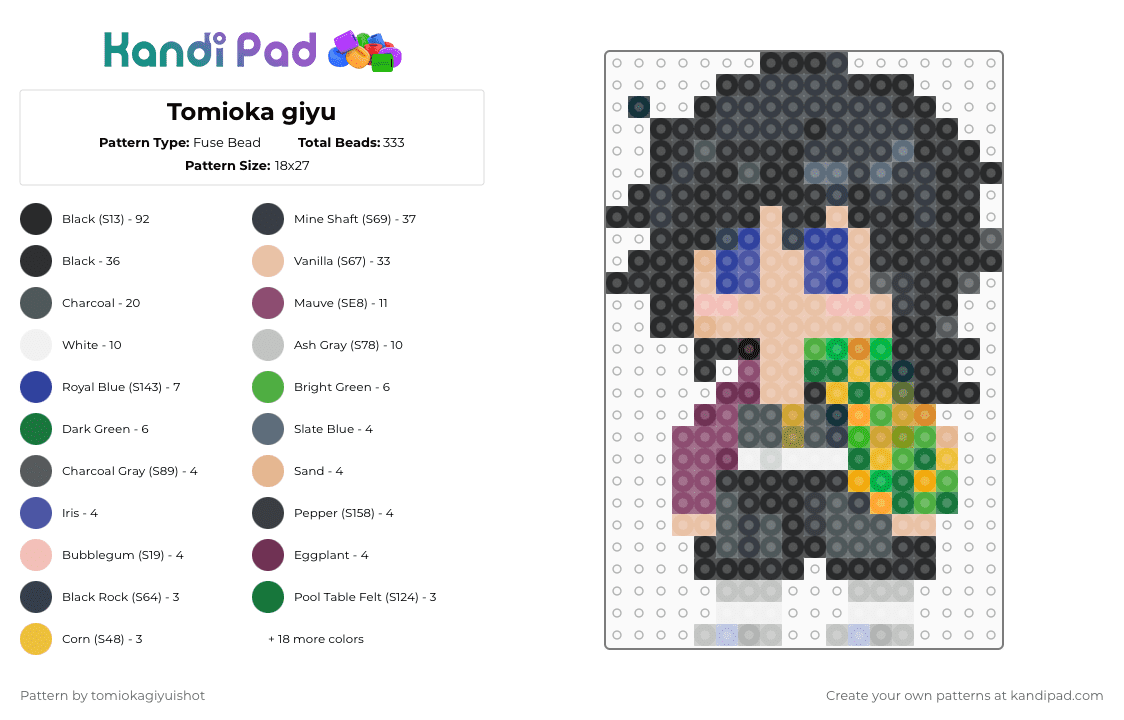 Tomioka giyu - Fuse Bead Pattern by tomiokagiyuishot on Kandi Pad - tomioka giyu,demon slayer,anime,character,chibi,black,pink,beige,green,colorful