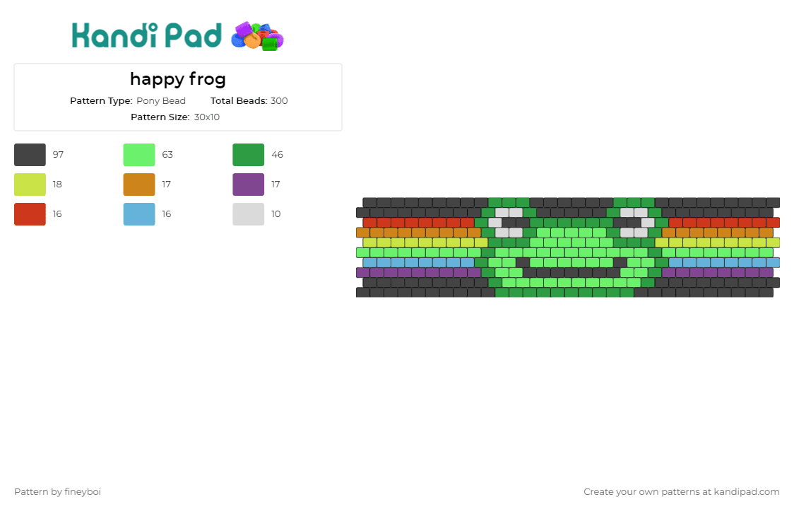 happy frog - Pony Bead Pattern by fineyboi on Kandi Pad - frog,cute,rainbow,animal,cuff,cheerful,whimsy,nature,dark,green
