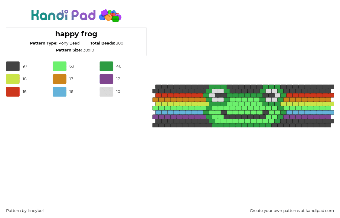 happy frog - Pony Bead Pattern by fineyboi on Kandi Pad - frog,cute,rainbow,animal,cuff,cheerful,nature,dark,green