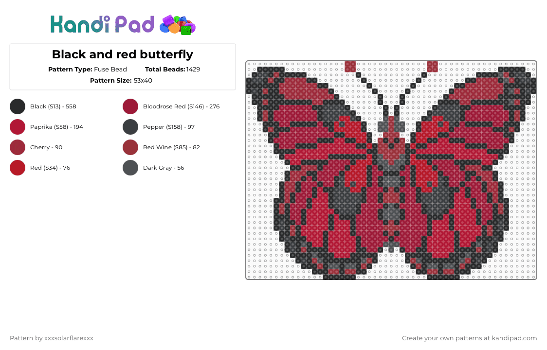 Black and red butterfly - Fuse Bead Pattern by deleted_user_620536 on Kandi Pad - butterfly,insect,moth,animal,red