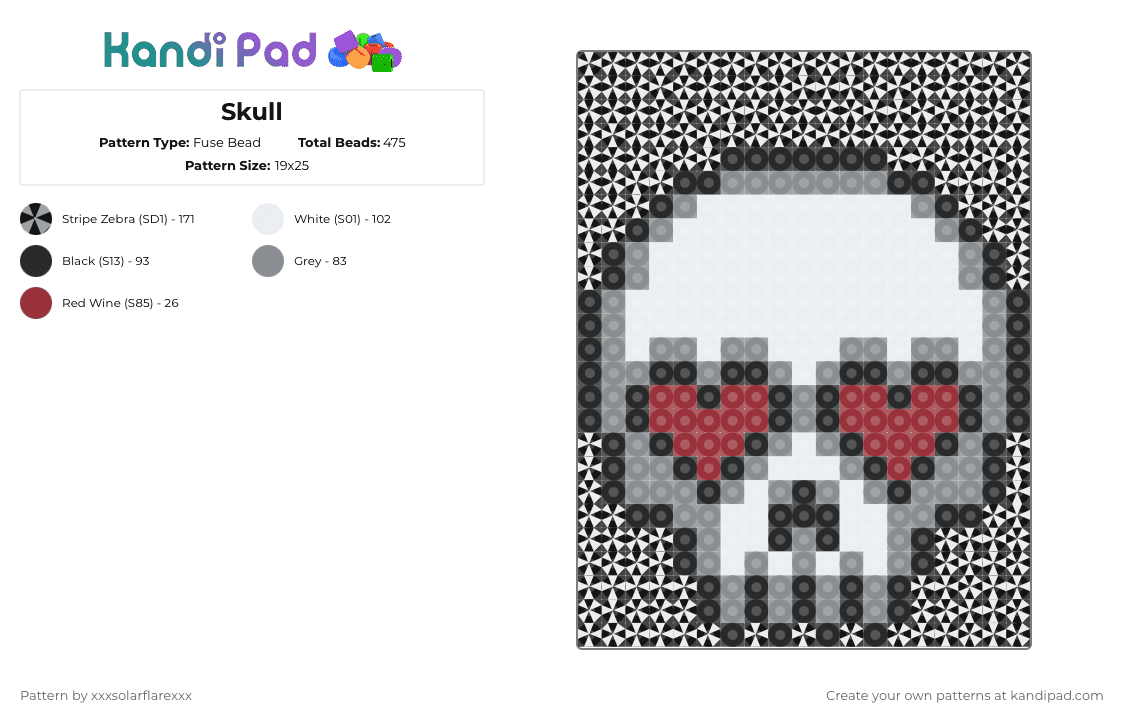 Skull - Fuse Bead Pattern by deleted_user_620536 on Kandi Pad - black, gray