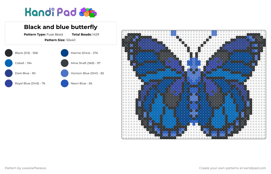 Black and blue butterfly - Fuse Bead Pattern by deleted_user_620536 on Kandi Pad - blue