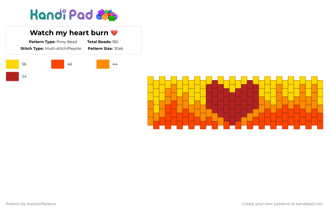 Watch my heart burn 💔 - Pony Bead Pattern by deleted_user_620536 on Kandi Pad - heart,fiery,cuff,red