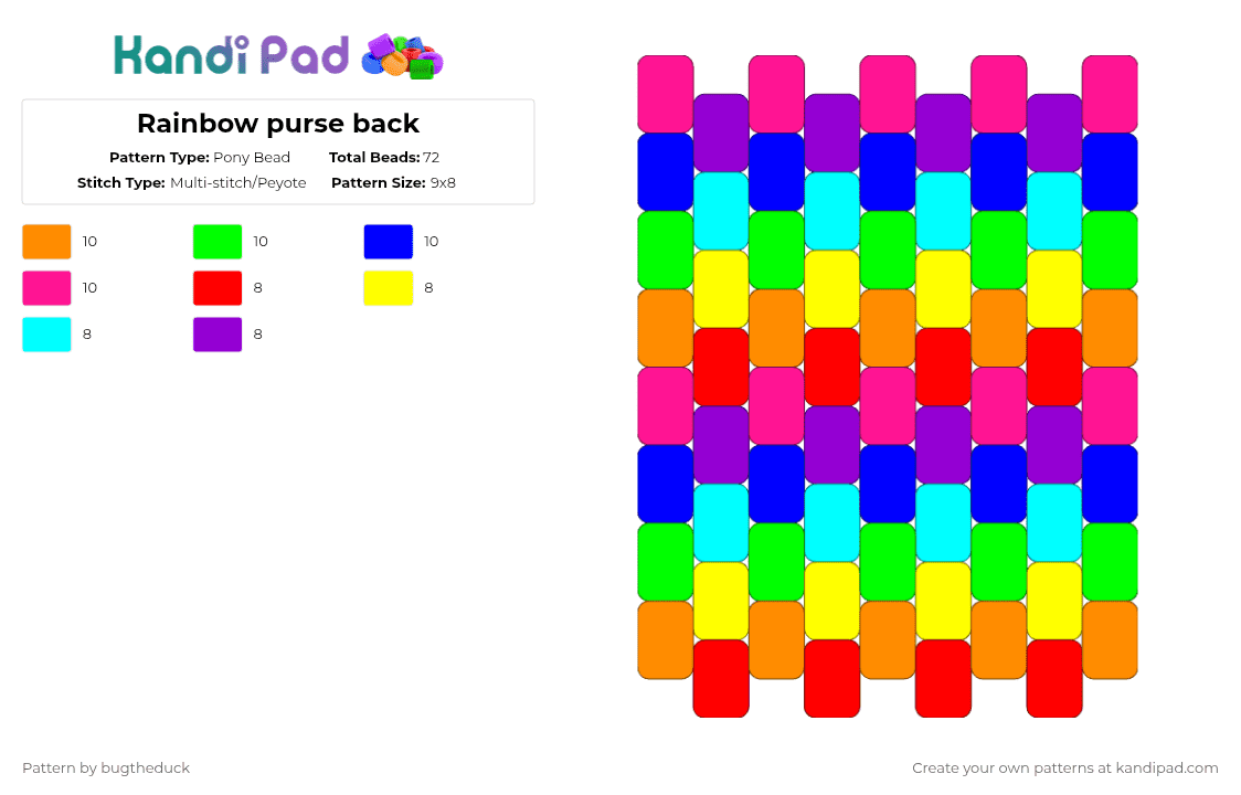 Rainbow purse back - Pony Bead Pattern by bugtheduck on Kandi Pad - orange,green,purple,pink
