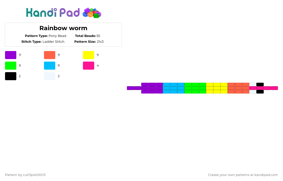 Rainbow worm - Pony Bead Pattern by cut13p4t00t13 on Kandi Pad - yellow,light blue,colorful,rainbow,worm,rainbow worm