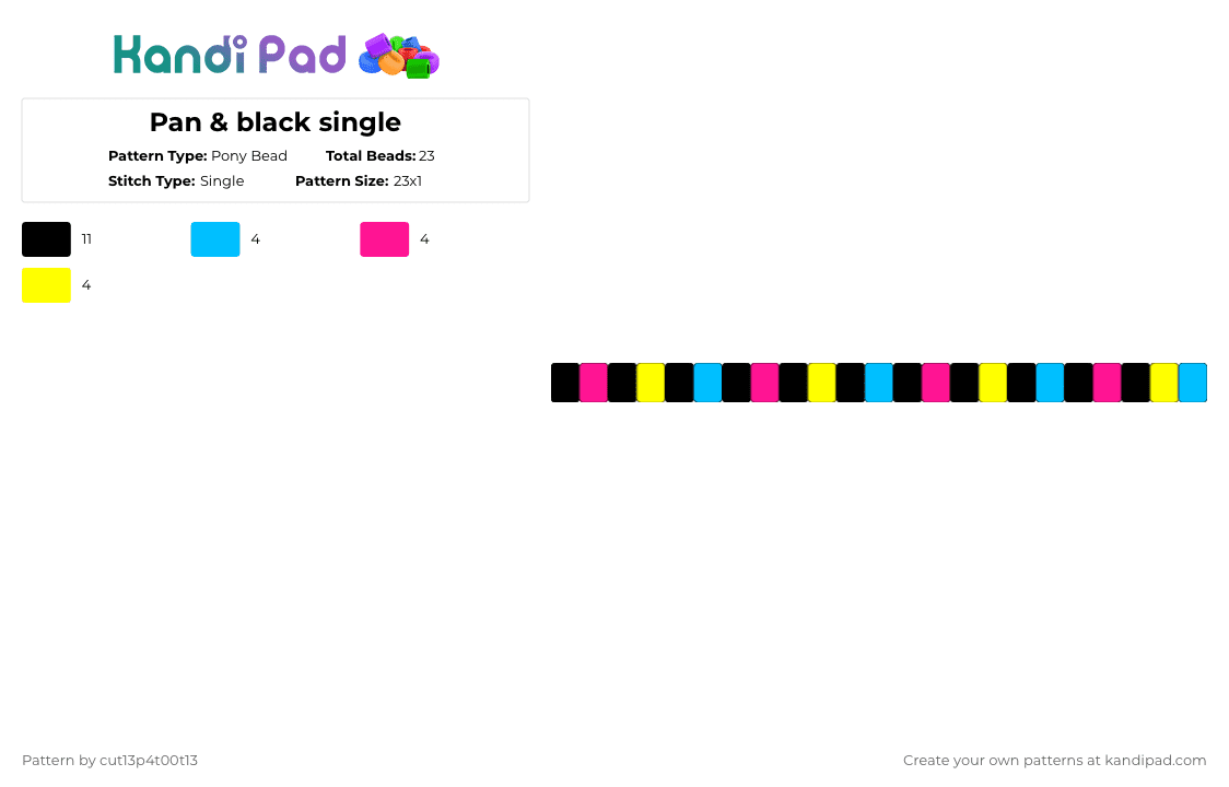 Pan & black single - Pony Bead Pattern by cut13p4t00t13 on Kandi Pad - light blue,pink,yellow,pan,colorful,rainbow,single
