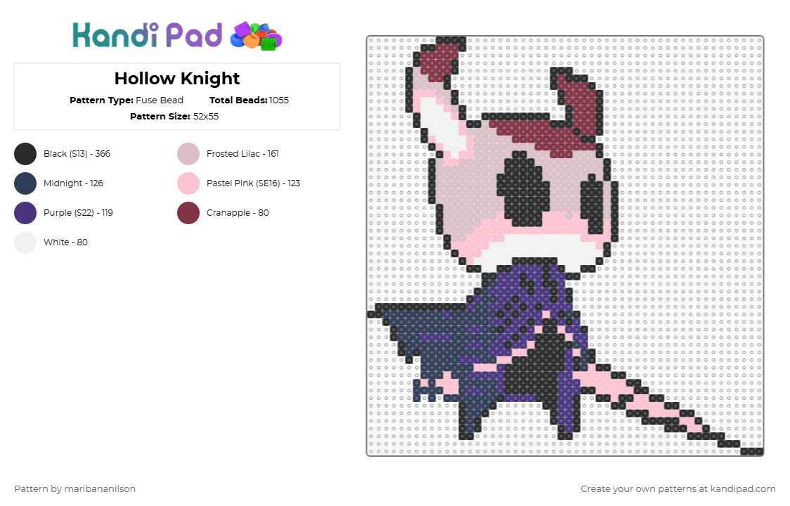 Hollow Knight - Fuse Bead Pattern by maribananilson on Kandi Pad - hollow knight,character,video game,knight,gaming,beige,purple