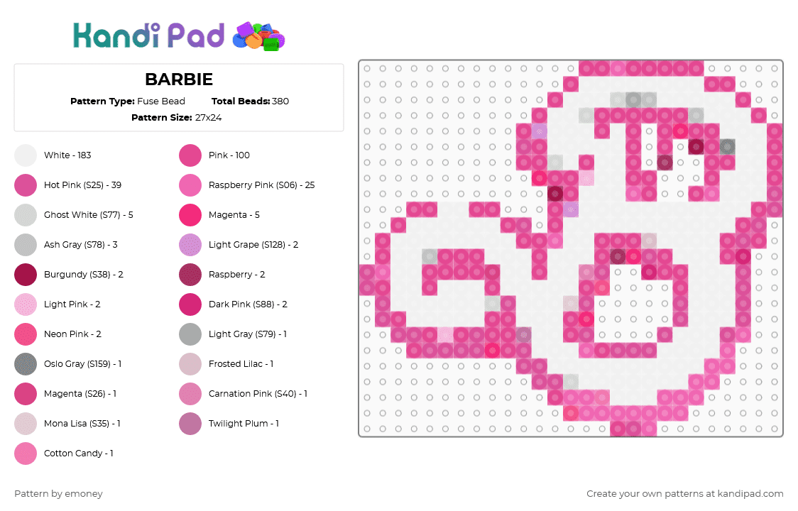 BARBIE - Fuse Bead Pattern by emoney on Kandi Pad - pink