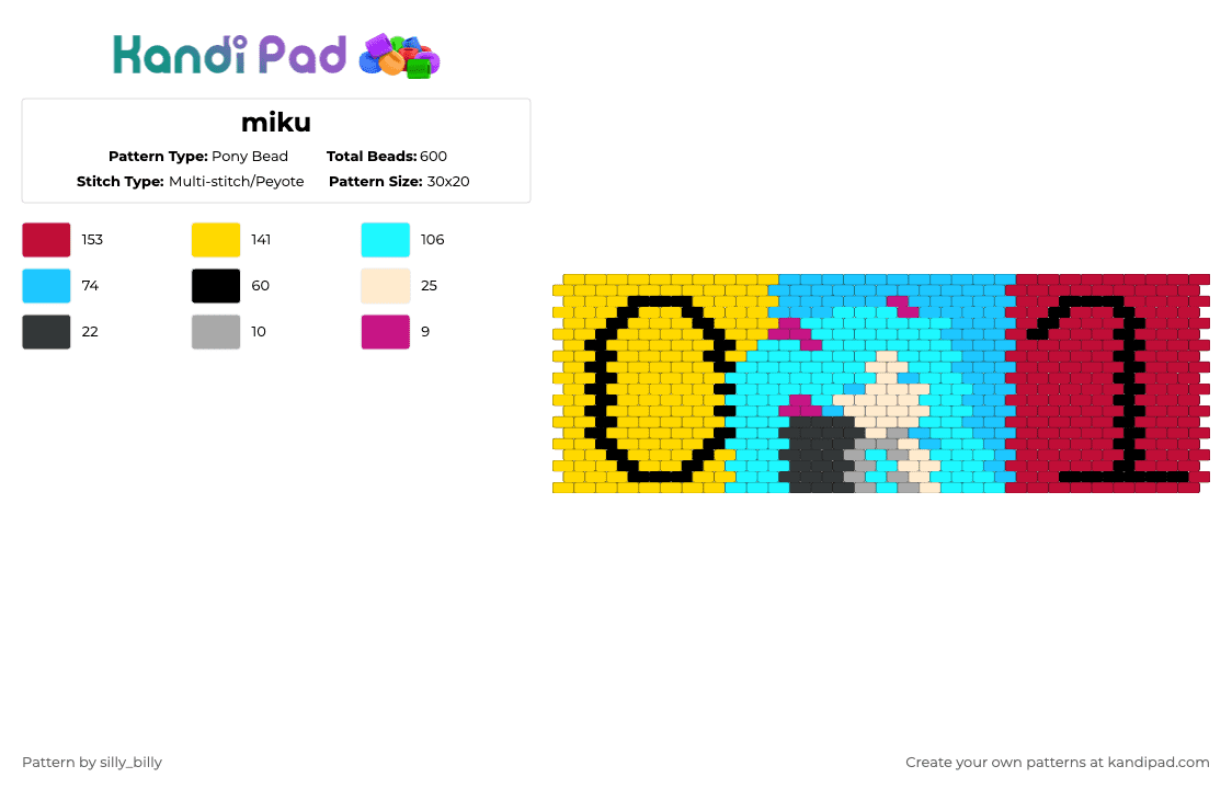miku - Pony Bead Pattern by kade_x3 on Kandi Pad - light blue,yellow,red,miku,hatsune,vocaloid,kasaneteto,akitaneru,silly,triplebaka