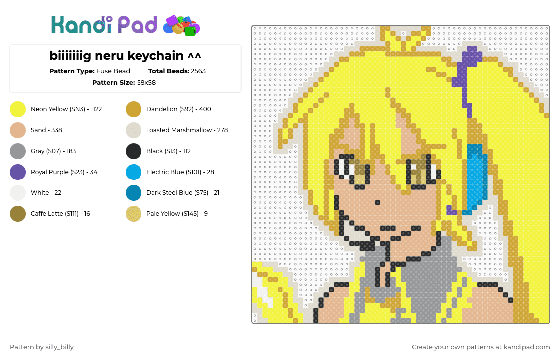 biiiiiiig neru keychain ^^ - Fuse Bead Pattern by kade_x3 on Kandi Pad - beige,yellow,orange,neru,akita,vocaloids,utau,yellowmiku