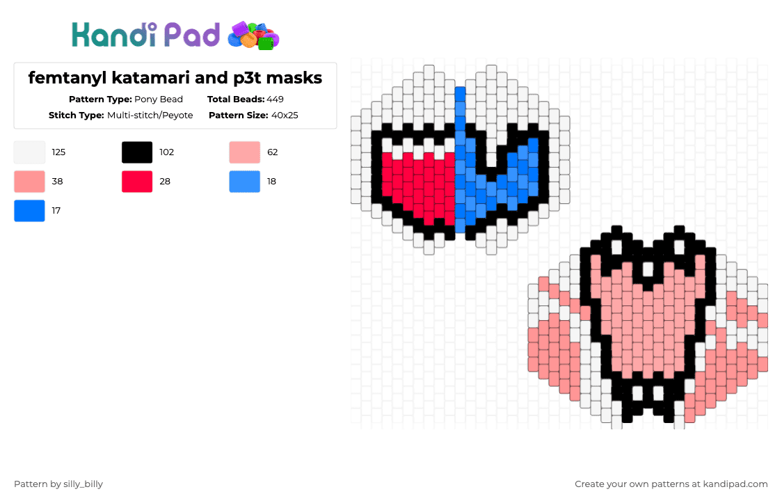 femtanyl katamari and p3t masks - Pony Bead Pattern by kade_x3 on Kandi Pad - white,beige,femtanyl,mask,p3t,katamari