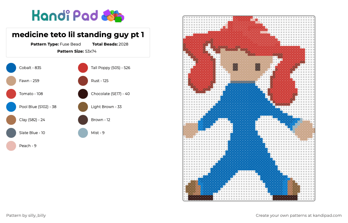 medicine teto lil standing guy pt 1 - Fuse Bead Pattern by kade_x3 on Kandi Pad - blue,beige,red,teto,kasane,vocaloid,silly,medicine