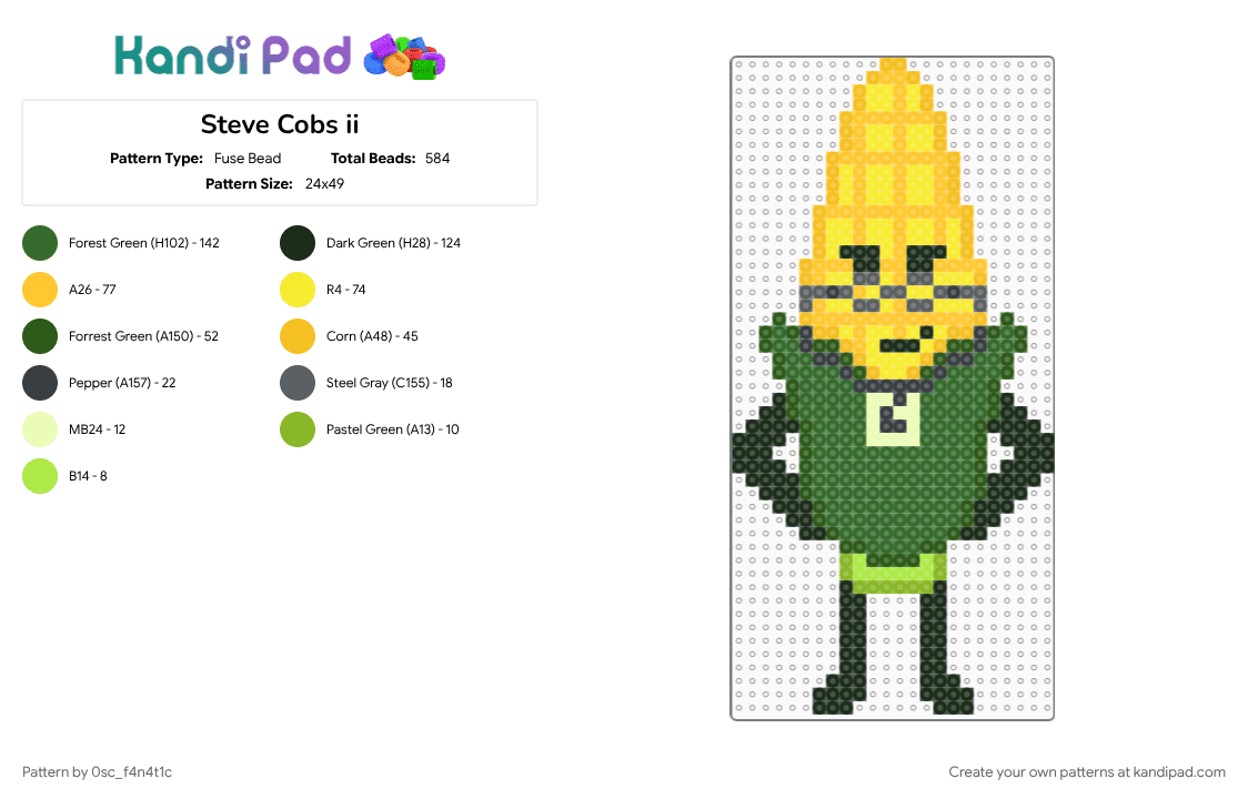 Steve Cobs ii - Fuse Bead Pattern by 0sc_f4n4t1c on Kandi Pad - green, ii, inanimate insanity, inanimateinsanity, object shows, osc, steve cobs, yellow