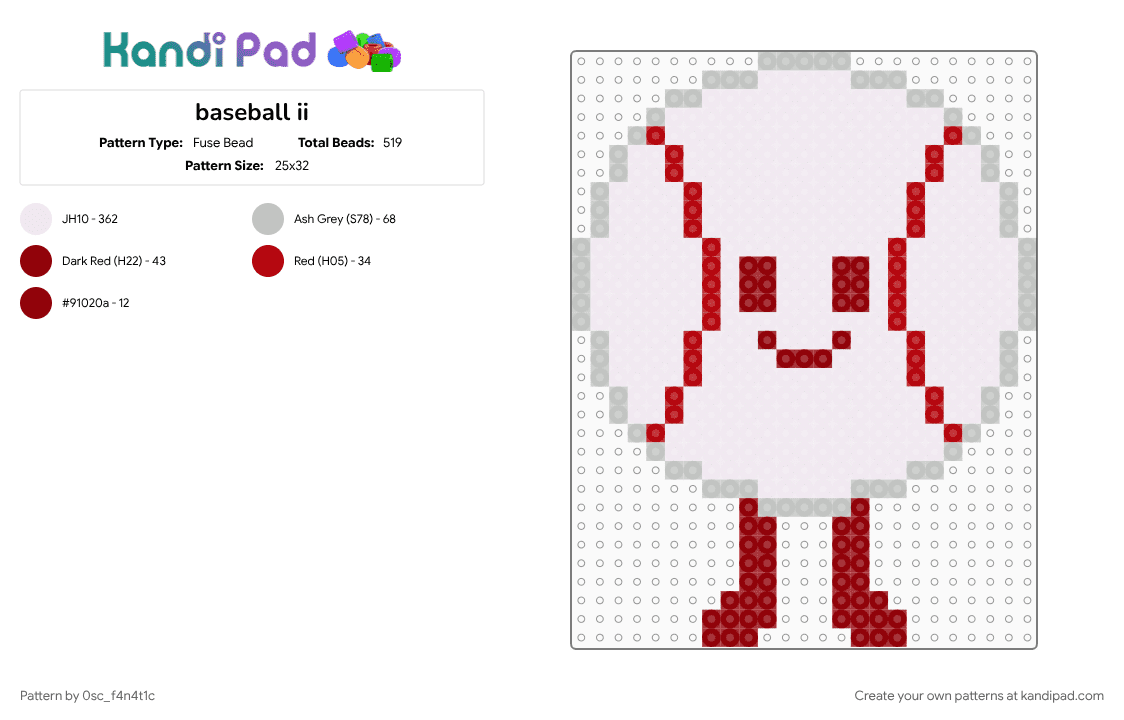 baseball ii - Fuse Bead Pattern by 0sc_f4n4t1c on Kandi Pad - baseball ii, beige, fatass, grey, ii, inanimate insanity, inanimate insanity 4, red, white