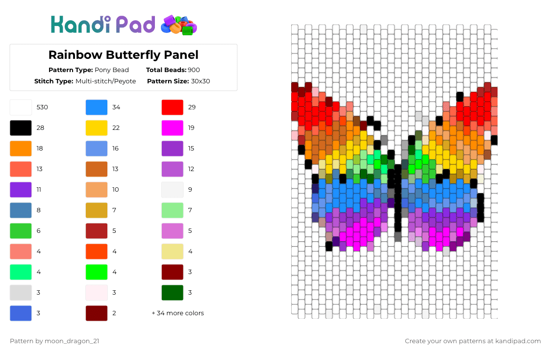 Rainbow Butterfly Panel - Pony Bead Pattern by moon_dragon_21 on Kandi Pad - white,red,pink,orange,purple,colorful