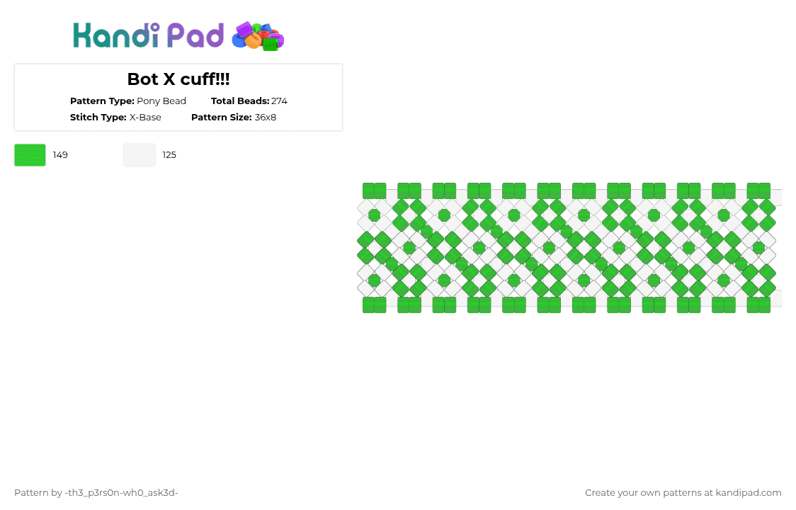 Bot X cuff!!! - Pony Bead Pattern by -th3_p3rs0n-wh0_ask3d- on Kandi Pad - green,white,bot,inanimate insanity,ii,bowbot