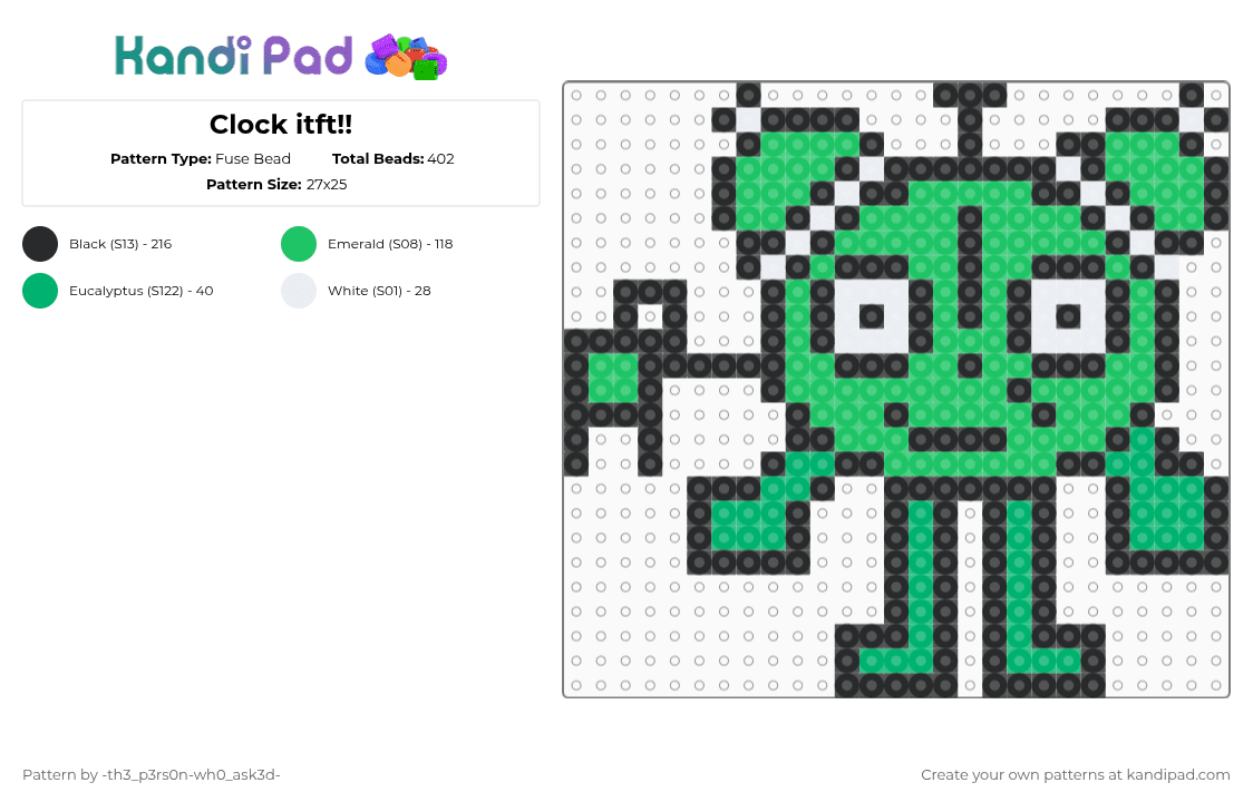 Clock itft!! - Fuse Bead Pattern by -th3_p3rs0n-wh0_ask3d- on Kandi Pad - green