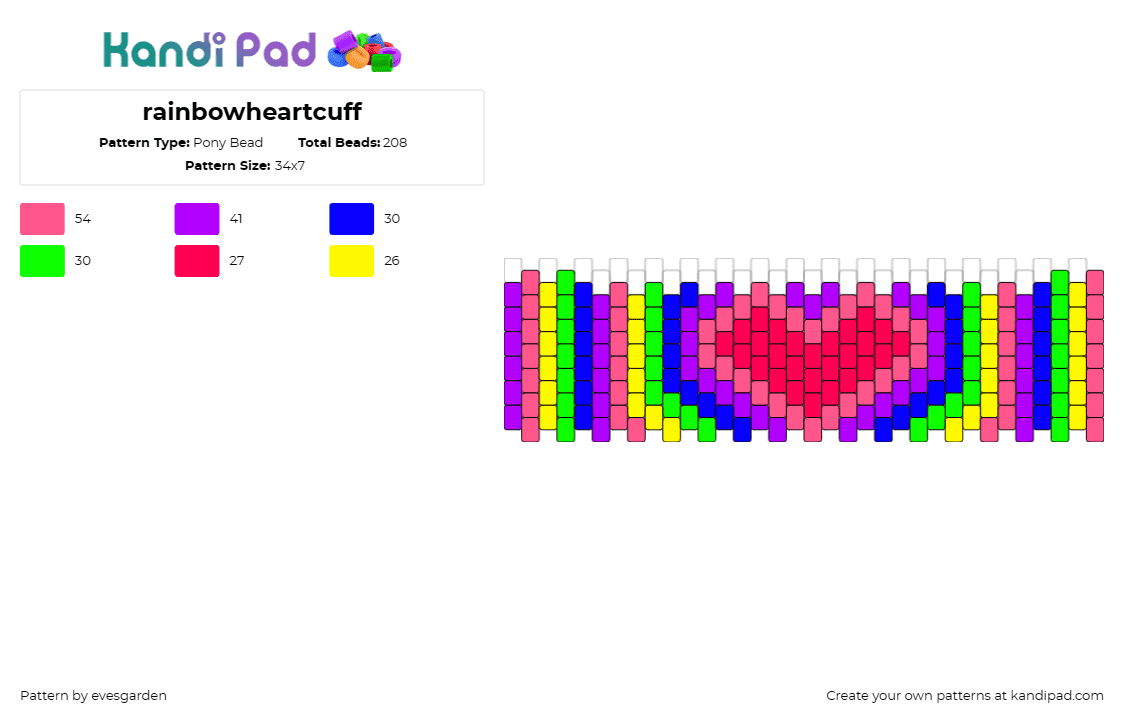 rainbowheartcuff - Pony Bead Pattern by evesgarden on Kandi Pad - heart,rainbow,cuff,love,diversity,unity,expressive,symbol,vibrant,pink