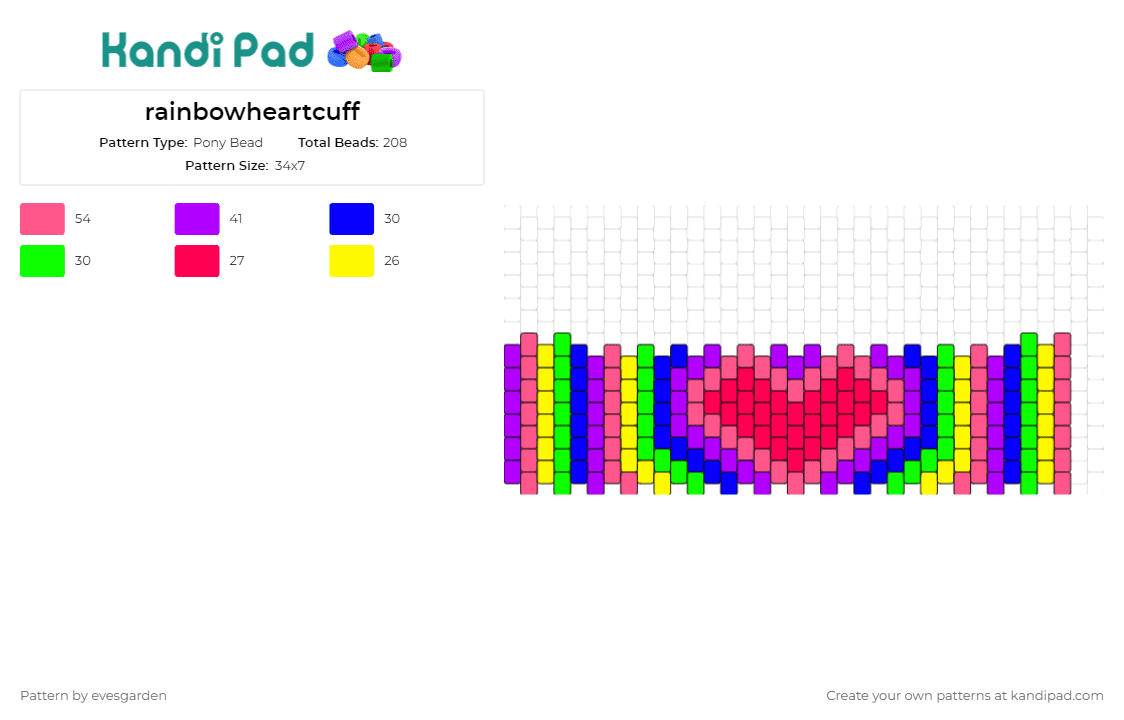 rainbowheartcuff - Pony Bead Pattern by evesgarden on Kandi Pad - heart,rainbow,cuff,love,diversity,unity,expressive,symbol,vibrant,pink