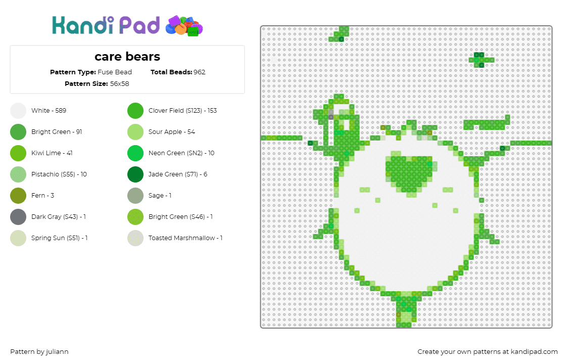 care bears - Fuse Bead Pattern by juliann on Kandi Pad - care bear,face,nostalgic,character,lovable,cheerful,green,white