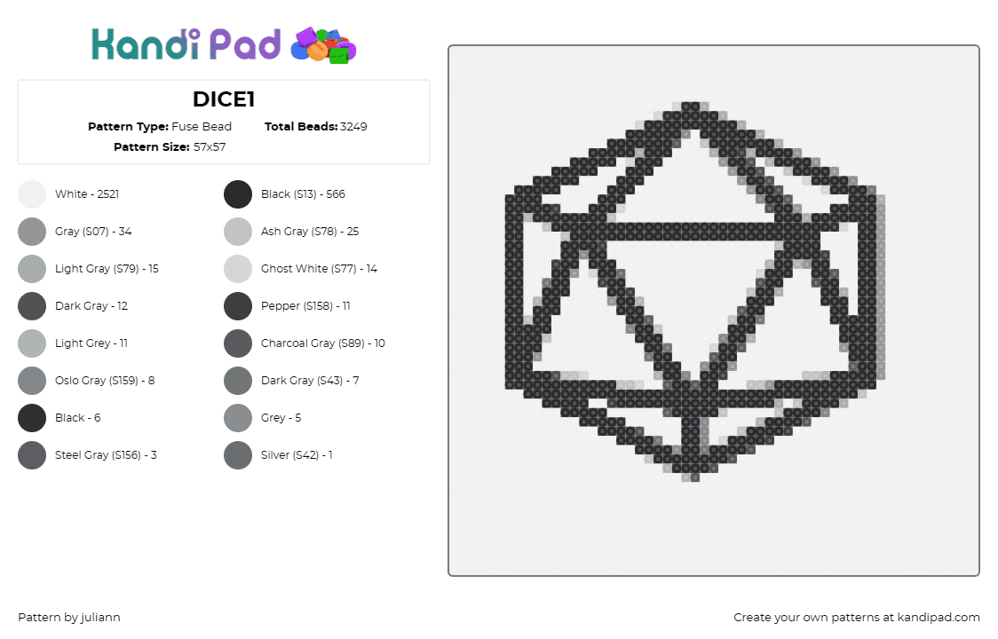 DICE1 - Fuse Bead Pattern by juliann on Kandi Pad - d20,dice,tabletop gaming,role-playing,adventure,strategy,geometric,outline,black