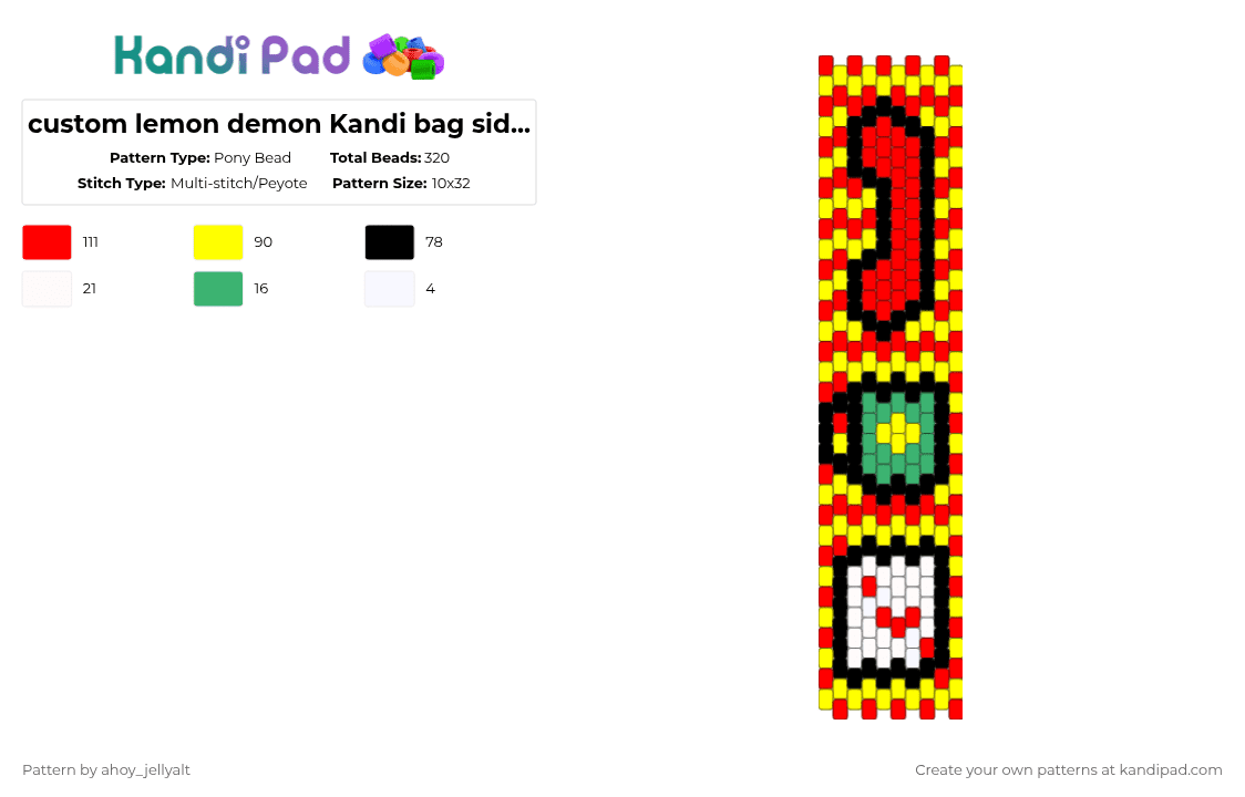 custom lemon demon Kandi bag side panel - Pony Bead Pattern by ahoy_jellyalt on Kandi Pad - red, yellow