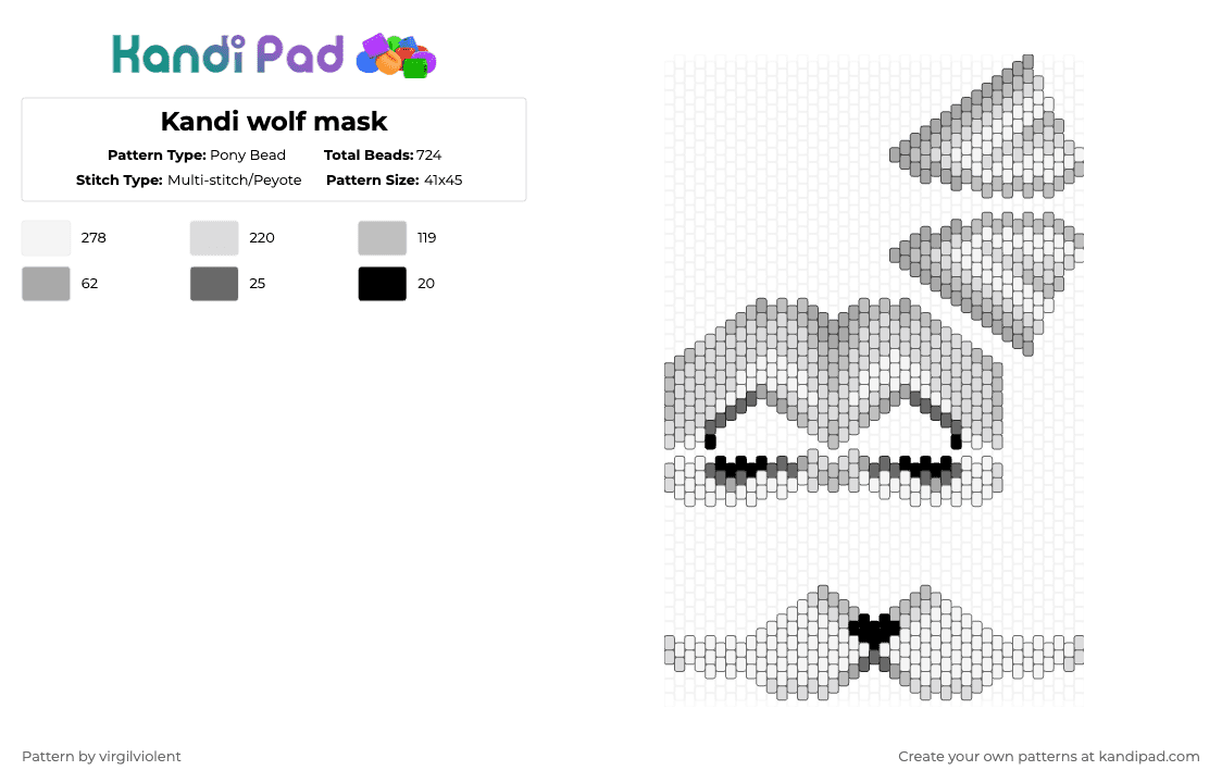Kandi wolf mask - Pony Bead Pattern by virgilviolent on Kandi Pad - white,beige