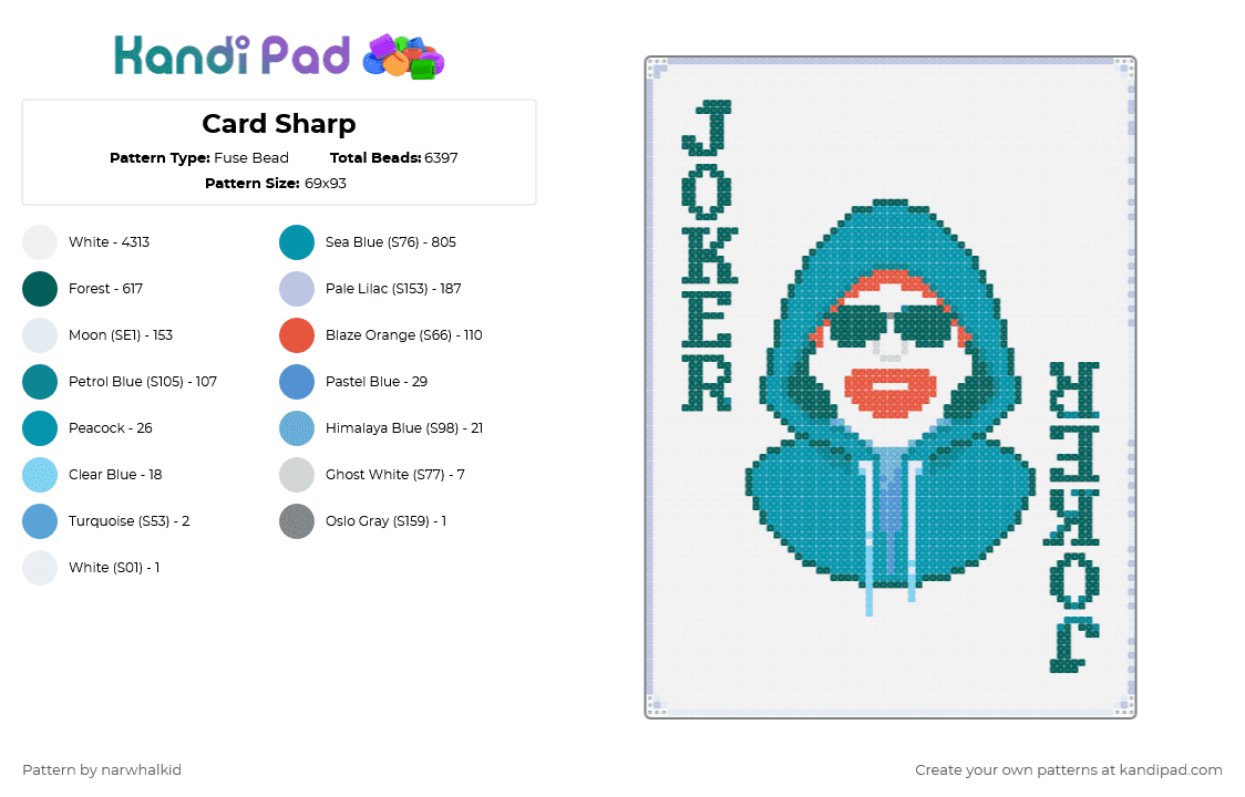 Card Sharp - Fuse Bead Pattern by narwhalkid on Kandi Pad - gray, teal, white