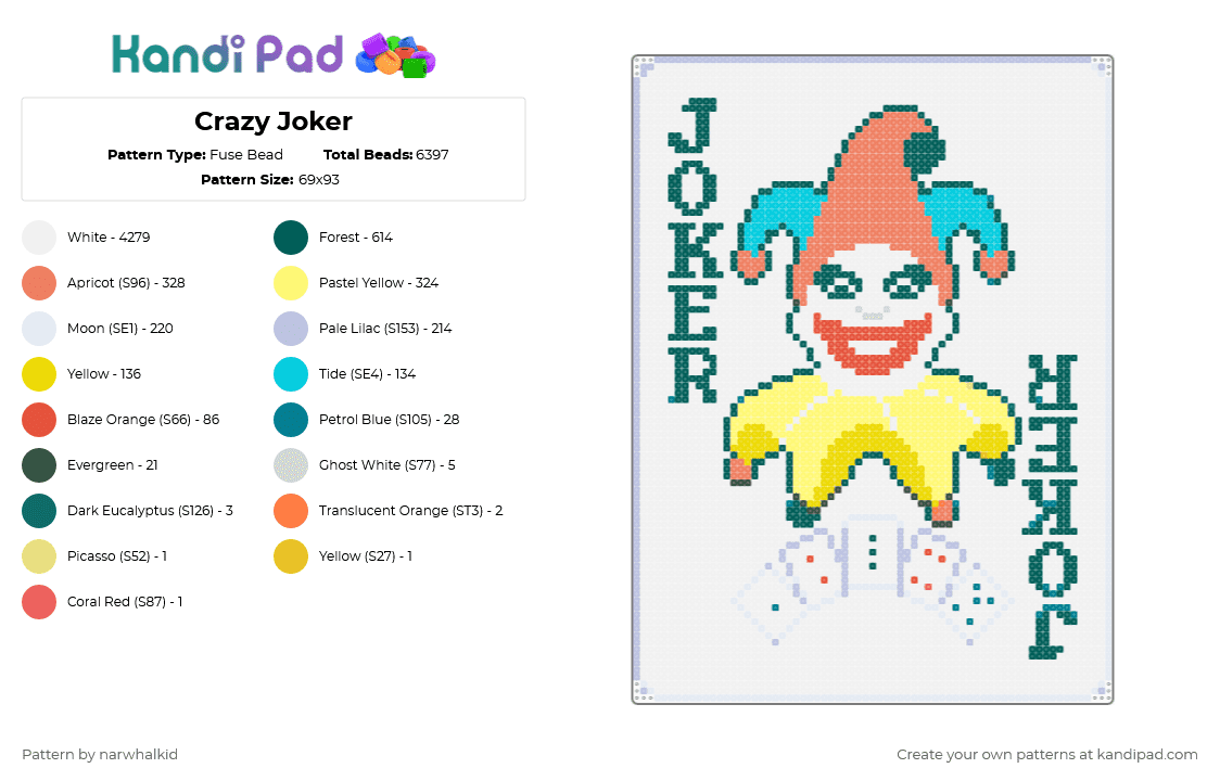 Crazy Joker - Fuse Bead Pattern by narwhalkid on Kandi Pad - gray, orange, white, yellow