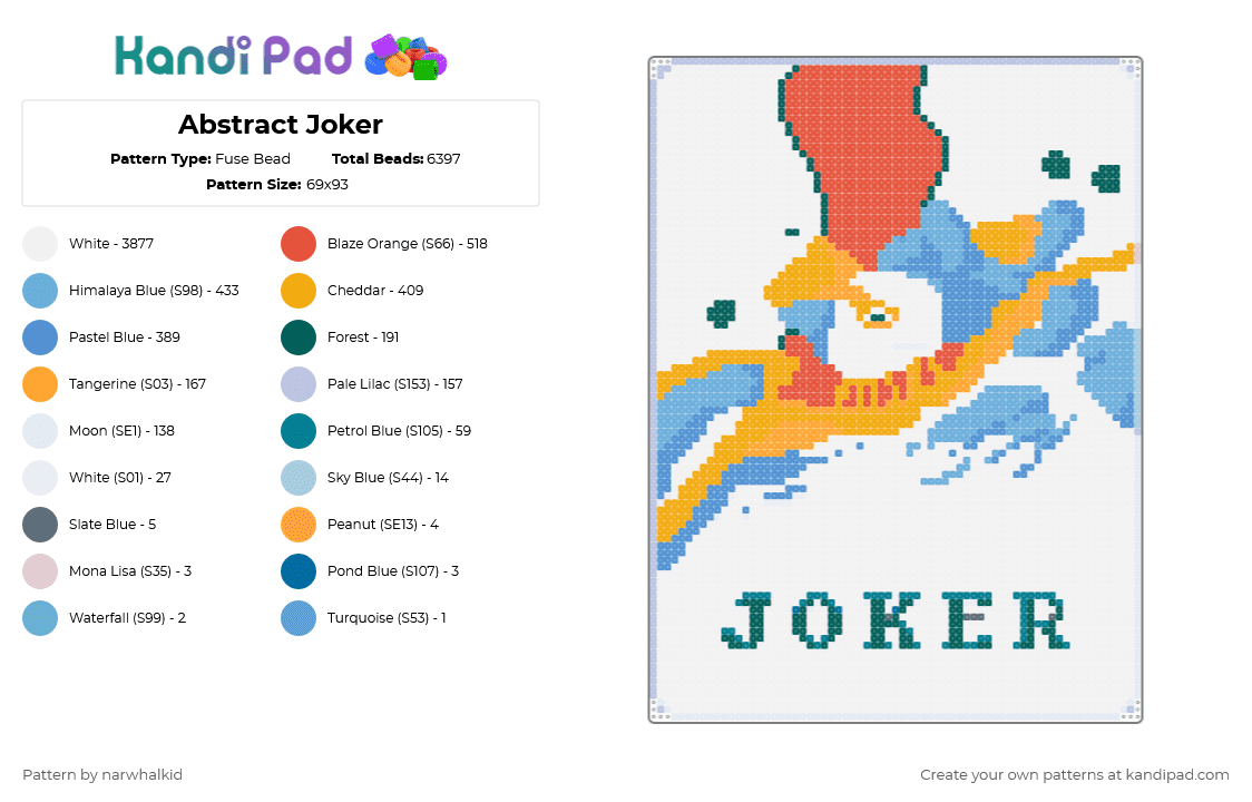 Abstract Joker - Fuse Bead Pattern by narwhalkid on Kandi Pad - light blue, orange, red, white