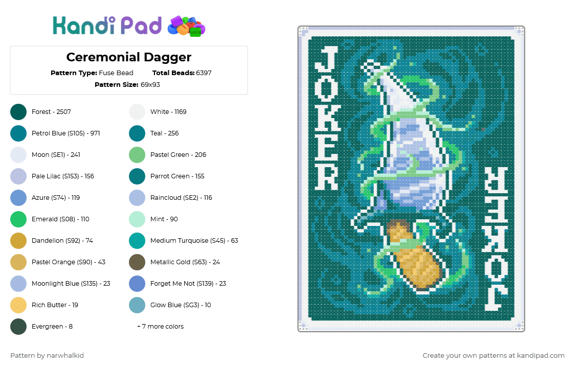 Ceremonial Dagger - Fuse Bead Pattern by narwhalkid on Kandi Pad - balatro,dagger,card,game,joker,ceremonial,knife,gaming,gray,teal
