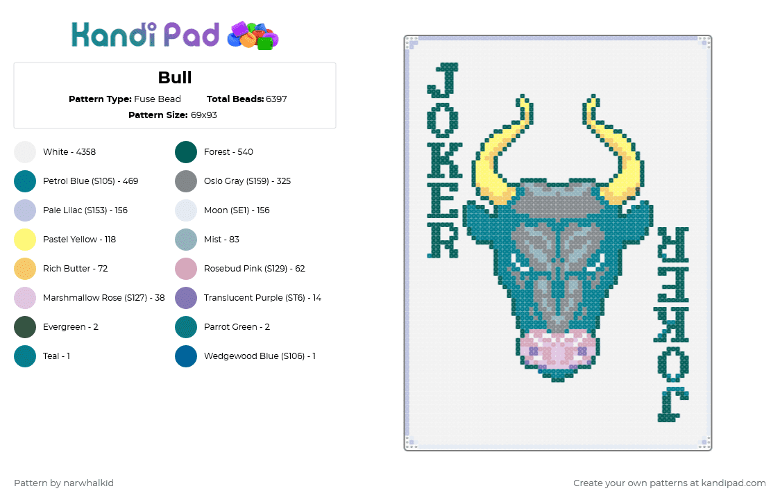 Bull - Fuse Bead Pattern by narwhalkid on Kandi Pad - white,gray,teal