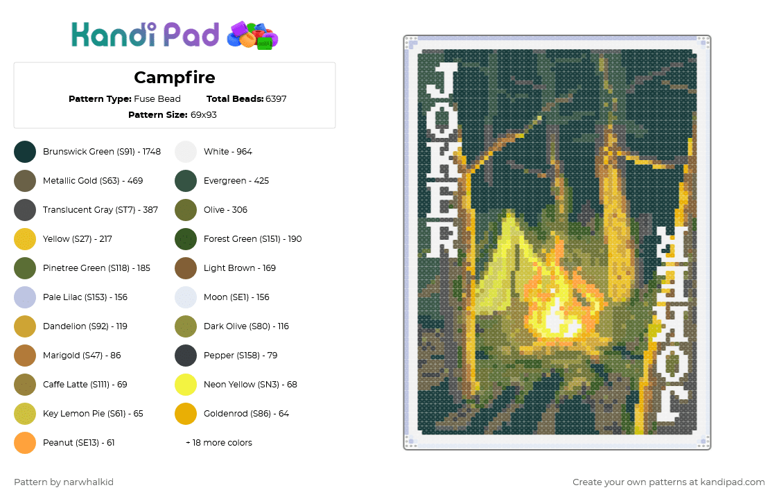 Campfire - Fuse Bead Pattern by narwhalkid on Kandi Pad - balatro,campfire,joker,card,game,fire,wood,outdoor,gaming,gray,tan,gold,yellow