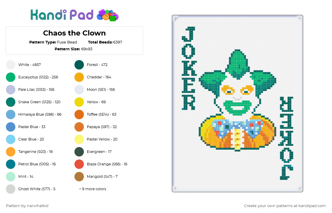 Chaos the Clown - Fuse Bead Pattern by narwhalkid on Kandi Pad - colorful, gray, green, light blue, teal, white
