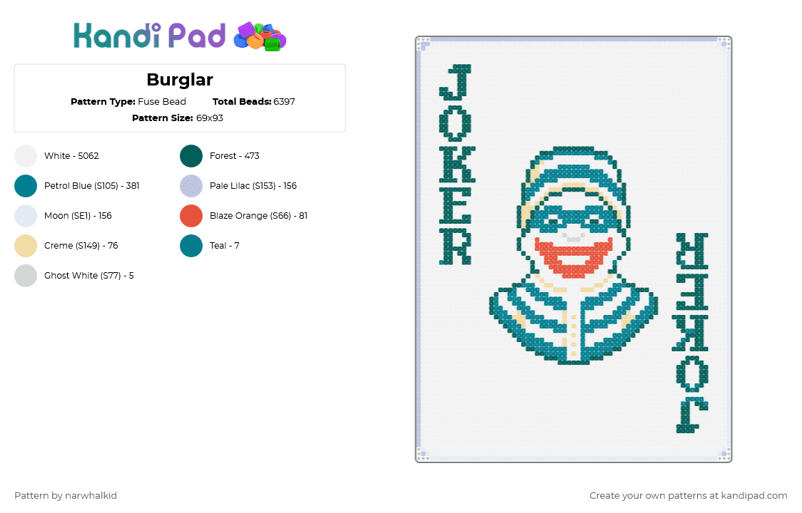 Burglar - Fuse Bead Pattern by narwhalkid on Kandi Pad - gray, teal, white