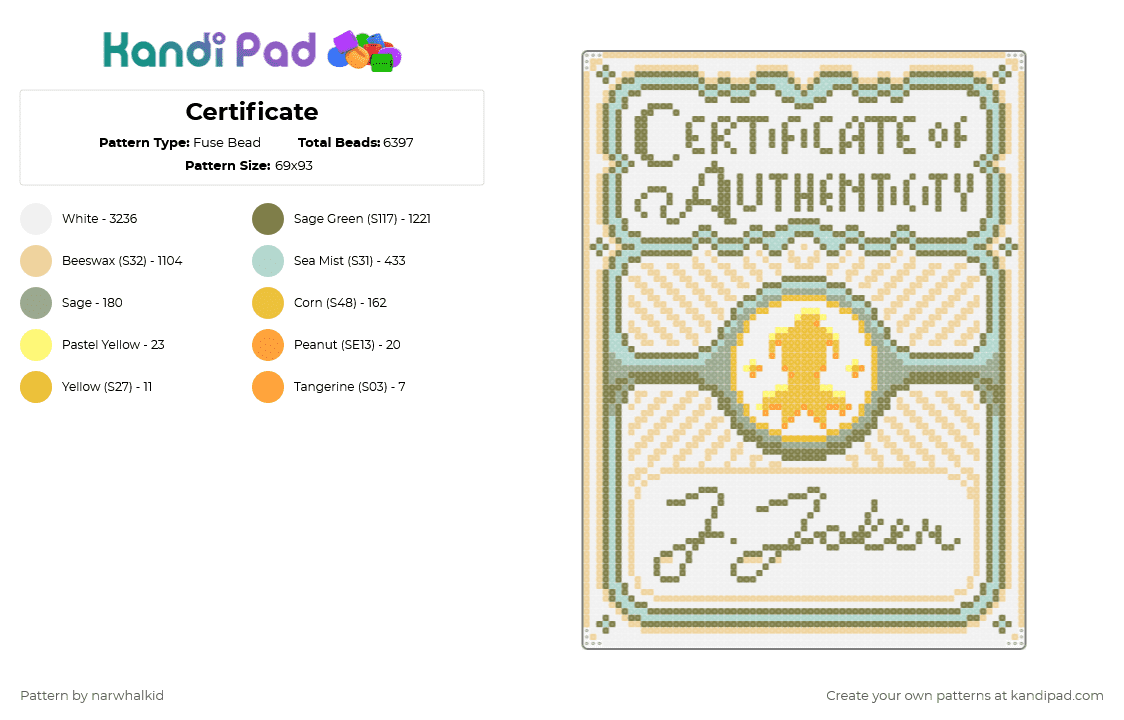 Certificate - Fuse Bead Pattern by narwhalkid on Kandi Pad - beige, gold, white