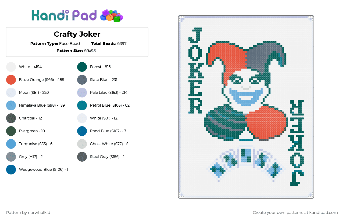 Crafty Joker - Fuse Bead Pattern by narwhalkid on Kandi Pad - gray, red, white