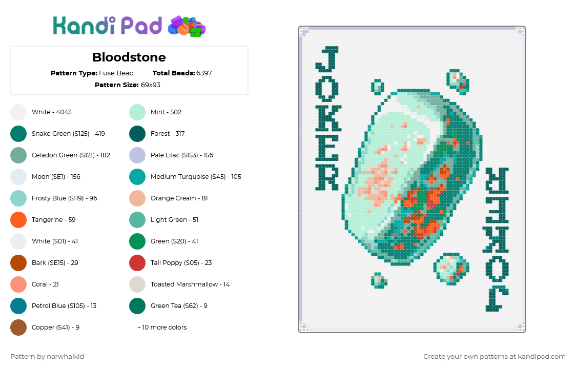 Bloodstone - Fuse Bead Pattern by narwhalkid on Kandi Pad - gray, light blue, teal, white