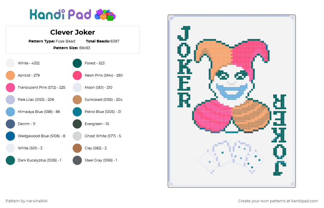 Clever Joker - Fuse Bead Pattern by narwhalkid on Kandi Pad - colorful, gray, pink, red, white