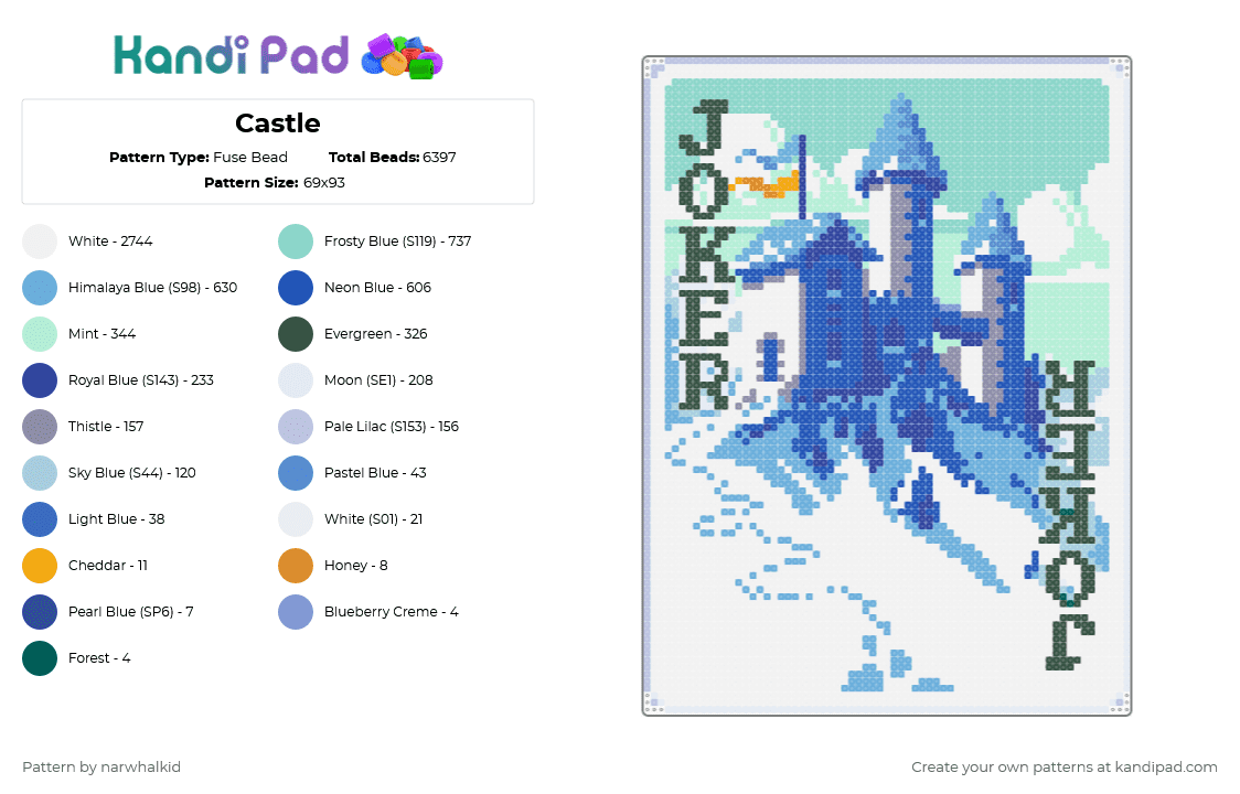Castle - Fuse Bead Pattern by narwhalkid on Kandi Pad - balatro,castle,card,game,joker,gaming,white,light blue,blue