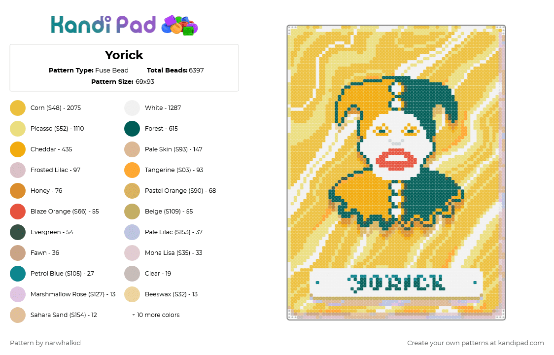 Yorick - Fuse Bead Pattern by narwhalkid on Kandi Pad - gray, orange, yellow