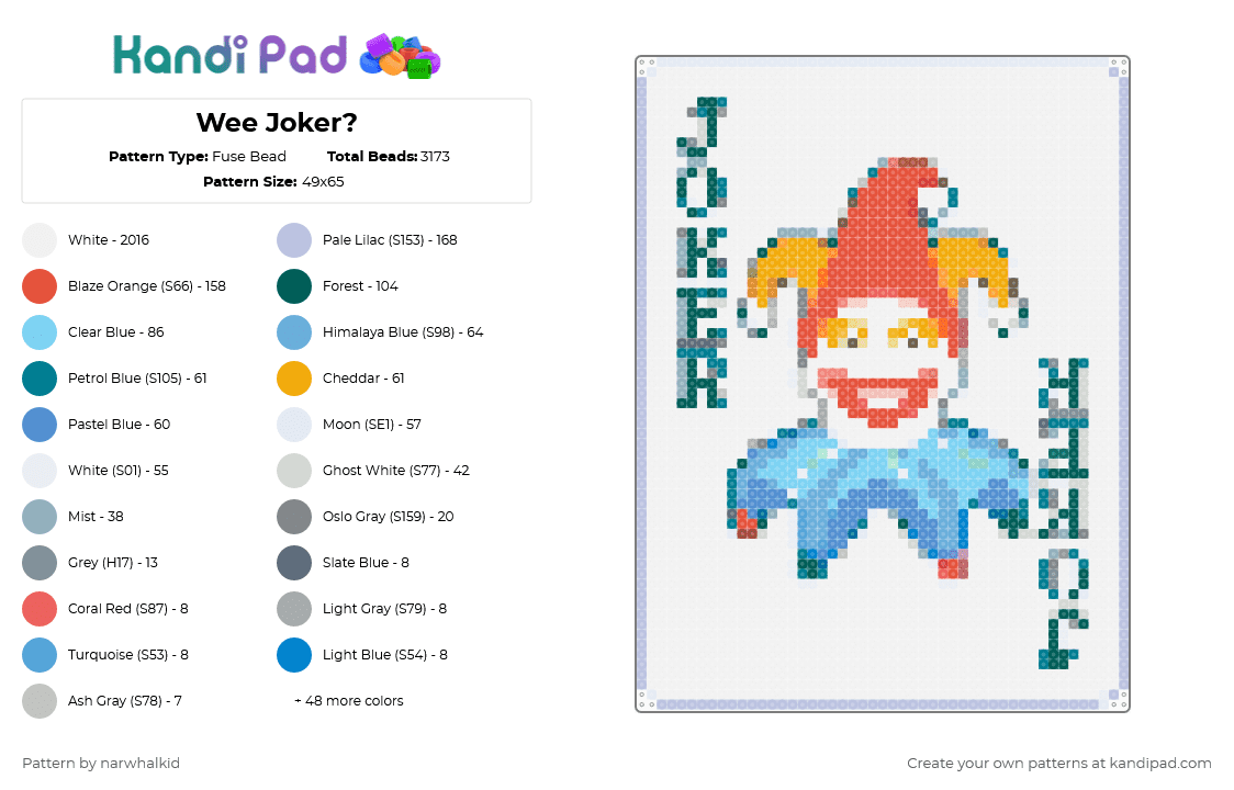 Wee Joker? - Fuse Bead Pattern by narwhalkid on Kandi Pad - colorful, gray, light blue, pink, red, white