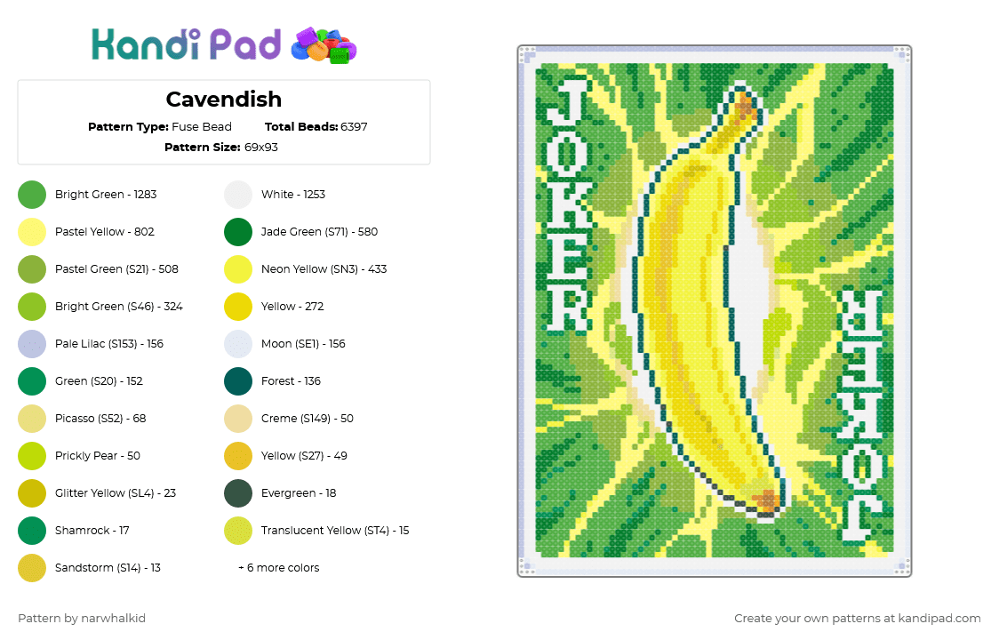 Cavendish - Fuse Bead Pattern by narwhalkid on Kandi Pad - balatro,cavendish,banana,card,fruit,food,green,yellow