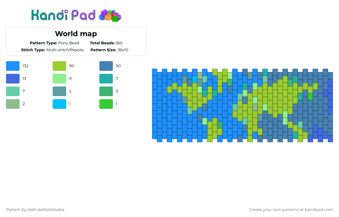 World map - Pony Bead Pattern by blehvkehblehbaba on Kandi Pad - light blue,green,blue