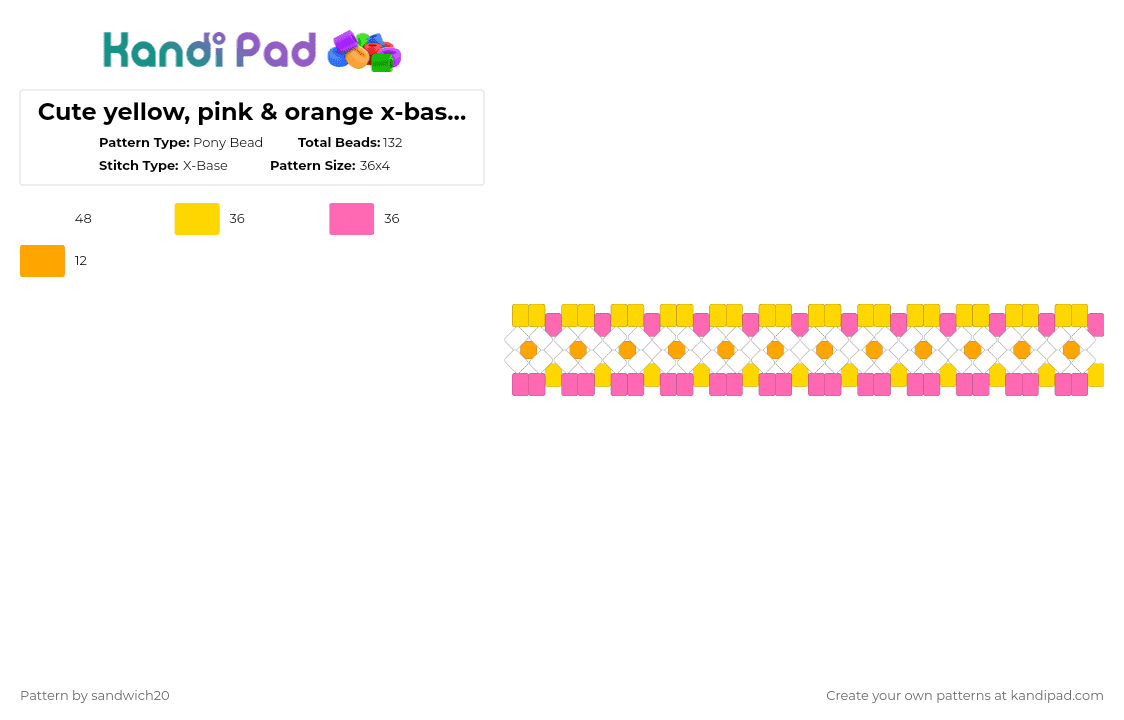 Cute yellow, pink & orange x-base cuff - Pony Bead Pattern by sandwich20 on Kandi Pad - yellow,pink,idk,kandi
