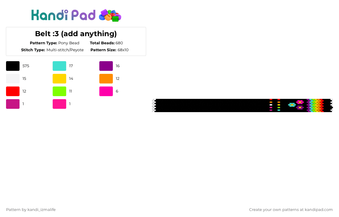 Belt :3 (add anything) - Pony Bead Pattern by kandi_izmalife on Kandi Pad - black,pink,light blue,yellow